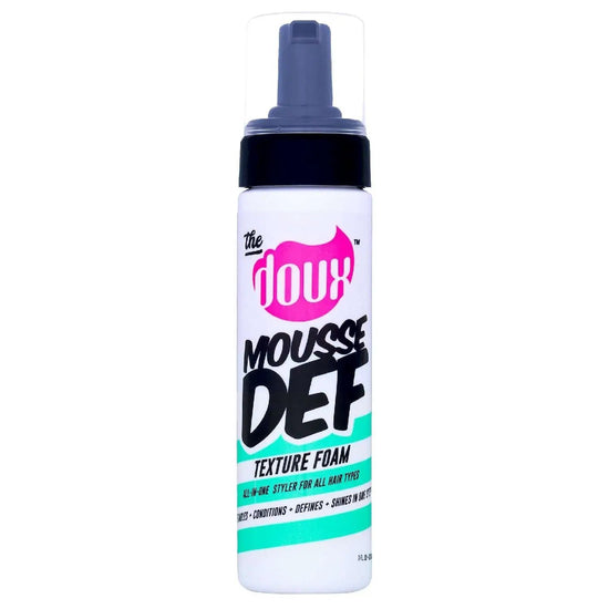 The Doux Mousse Def texture foam in white bottle with blue pump cap, 7 fl oz
