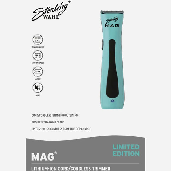 Wahl Sterling Mag trimmer in black and aqua with charging stand, cordless styling clipper