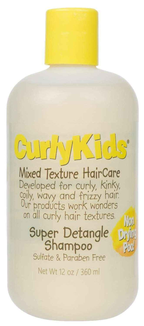 Kids super detangle shampoo bottle, light cream with yellow cap and CurlYkids label