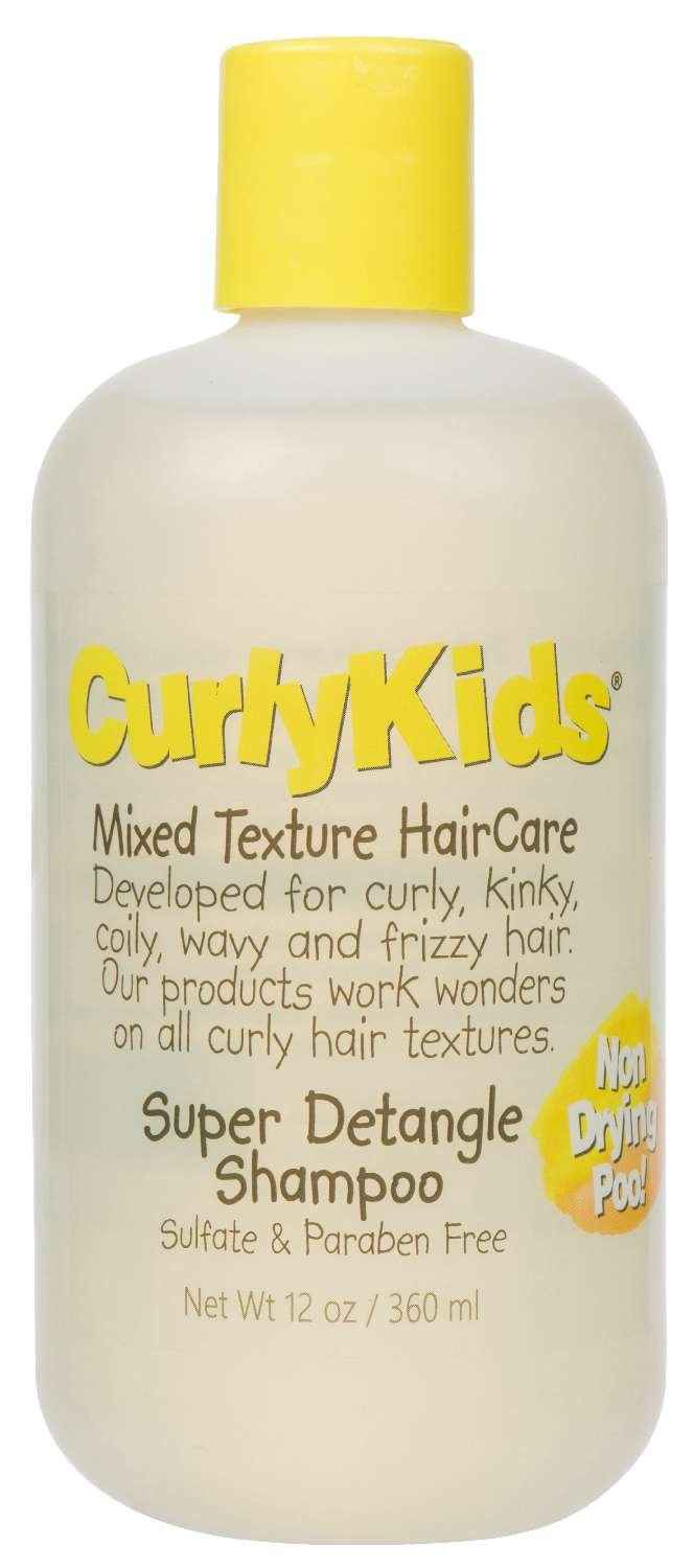 Kids super detangle shampoo bottle, light cream with yellow cap and CurlYkids label