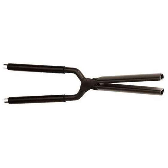 Dual-barrel hair straightener with black handle and clamp, long plates