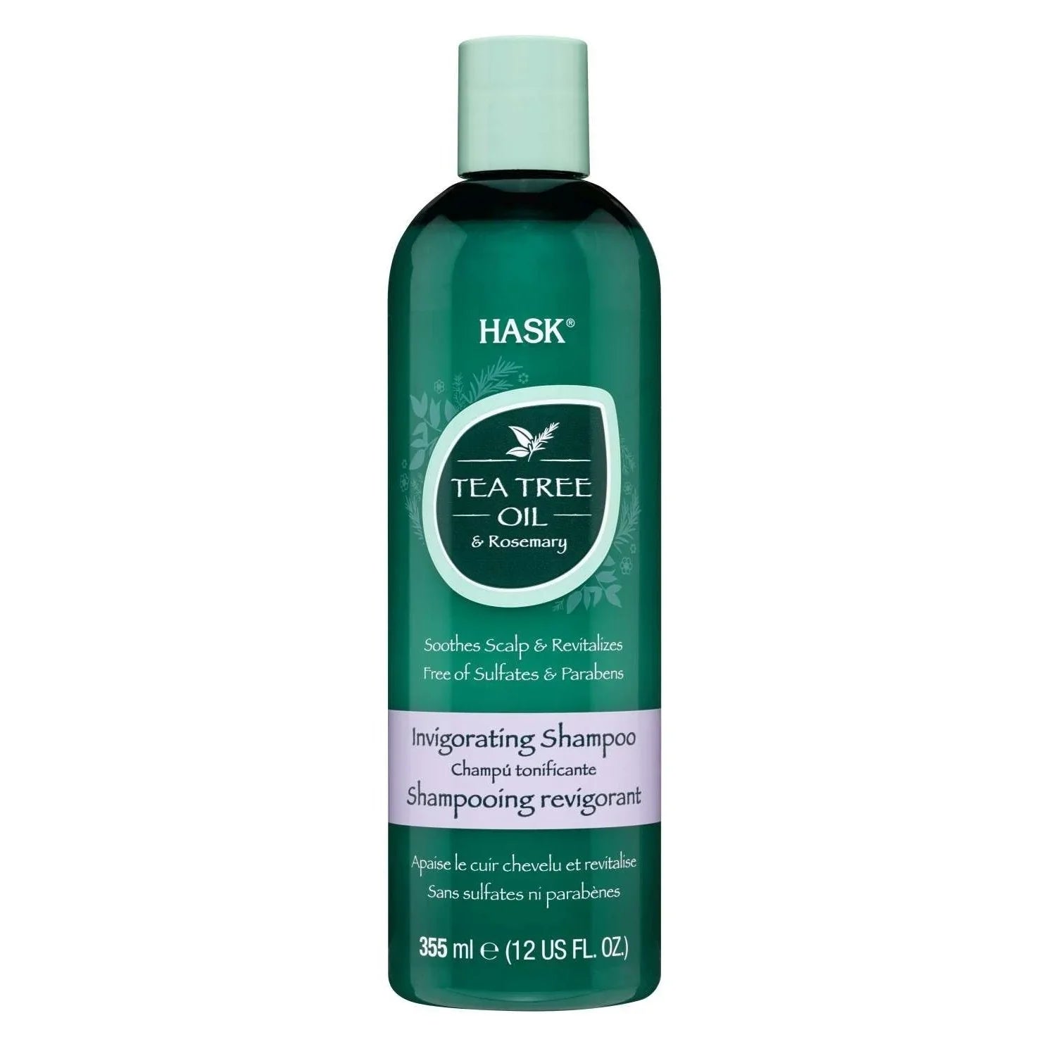Hask Tea Tree Rosemary Oil Shampoo bottle, invigorating formula for scalp purifying and revitalizing hair.