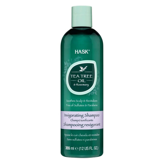 Hask Tea Tree Rosemary Oil Shampoo bottle, invigorating formula for scalp purifying and revitalizing hair.