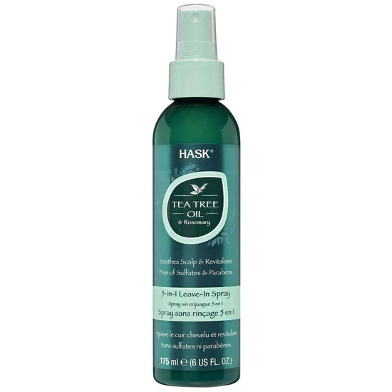 HASK tea tree oil & rosemary leave-in conditioner spray bottle, green glass with pump