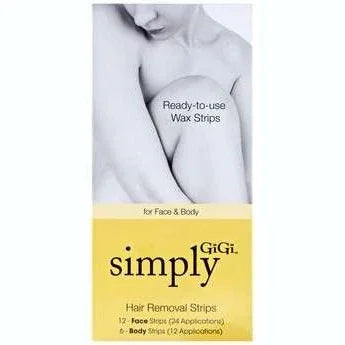 Gigi hair removal strips pack for face and body, featuring ready-to-use wax strips.