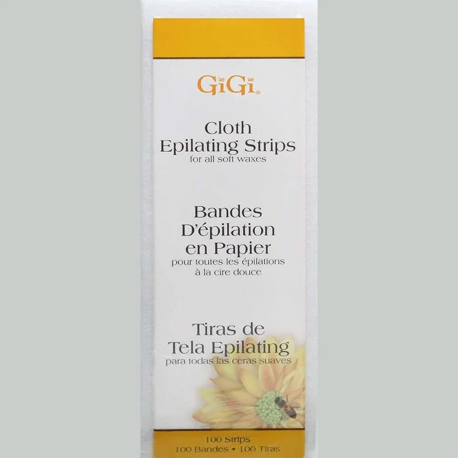 Gigi Cloth Epilating Strips packaging with 100 strips for effective hair removal and grooming.