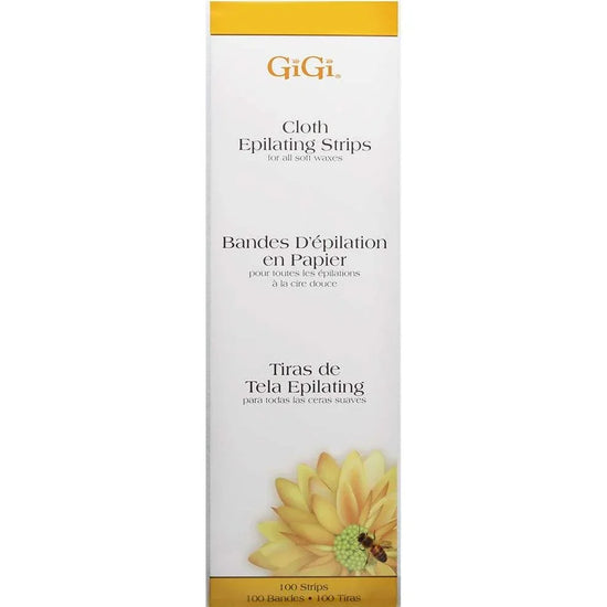 Gigi cloth epilating strips packaging, contains 100 strips for all soft waxes, 3x9 inches size.