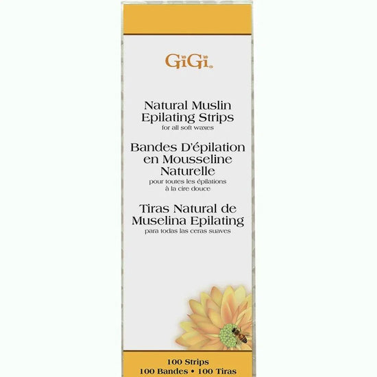 Gigi Natural Muslin Epilating Strips packaging for all soft waxes, featuring 100 strips for effective hair removal.