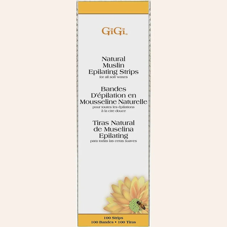 Gigi Natural Muslin Epilating Strips packaging for body and facial hair removal, suitable for all skin types.