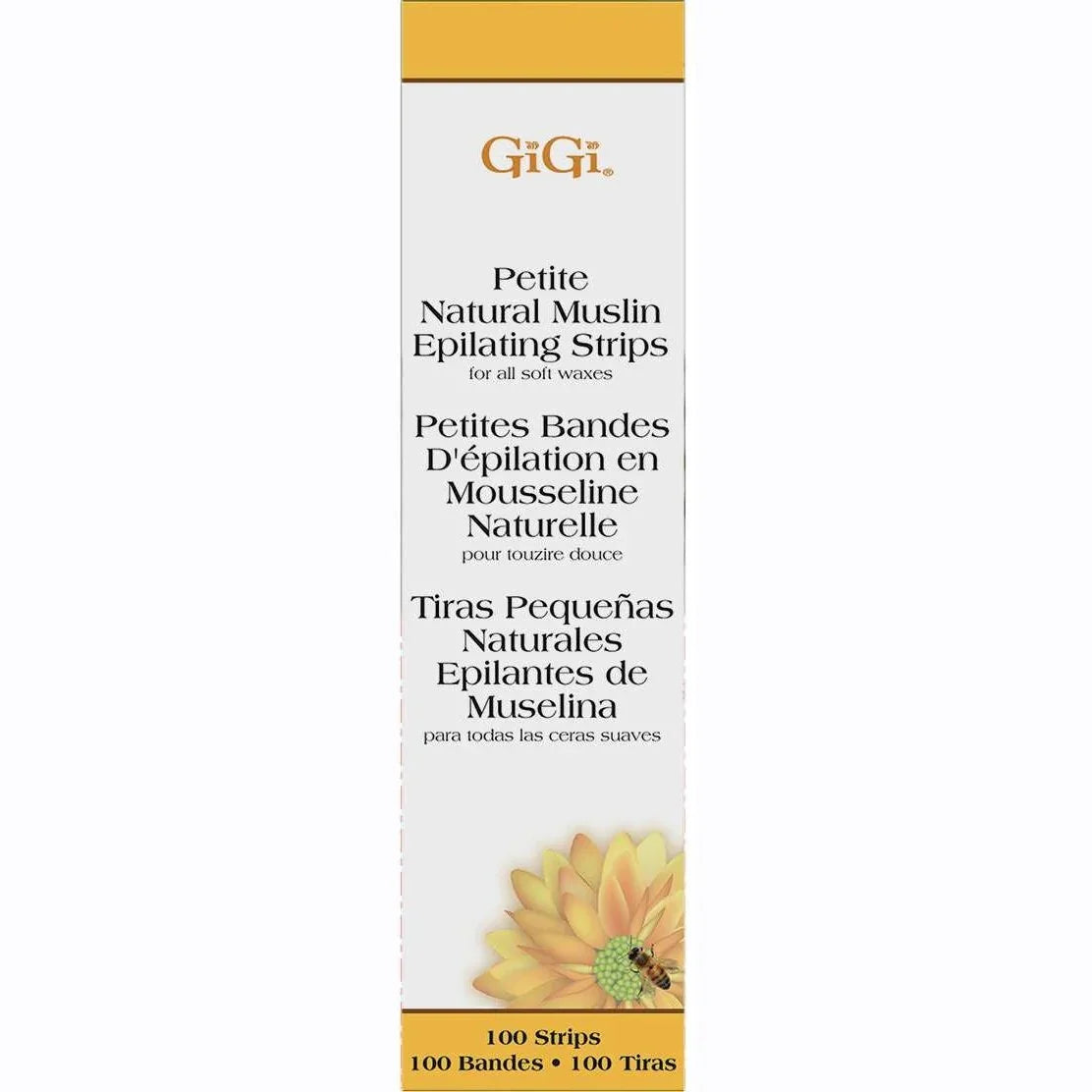 Gigi Natural Muslin Epilating Strips package, ideal for soft wax and small body areas, 100 pre-cut strips.