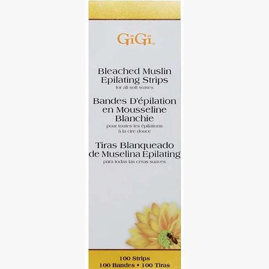 Gigi small bleached muslin epilating strips packaging with 100 strips for hair removal and waxing.