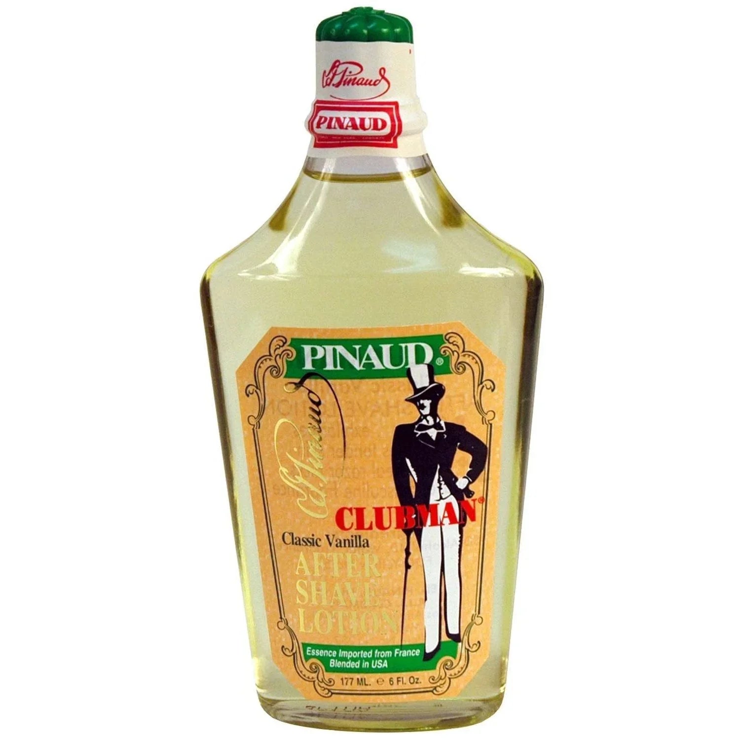Clubman vanilla after shave lotion bottle with classic vintage design and soothing formula.