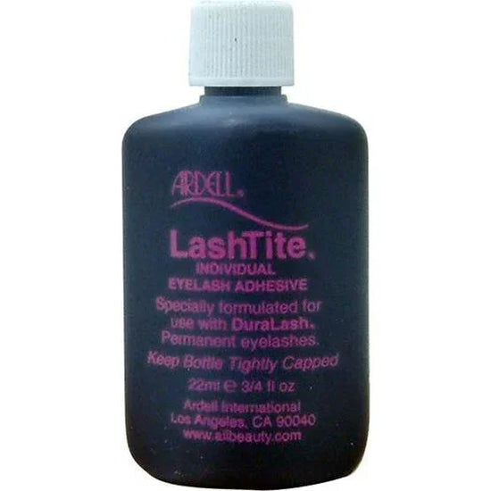 Ardell LashTite dark adhesive bottle for individual eyelash extensions with a secure latex-free formula.