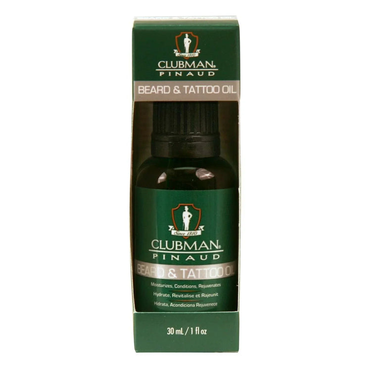 Clubman Pinaud Beard & Tattoo Oil bottle for moisturizing and revitalizing beard and tattoo care.