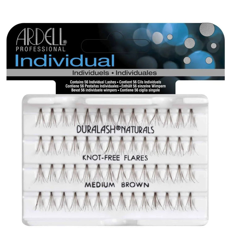 Ardell Duralash Naturals Medium Brown individual knotted flare lashes in pack featuring 56 knot-free flares.