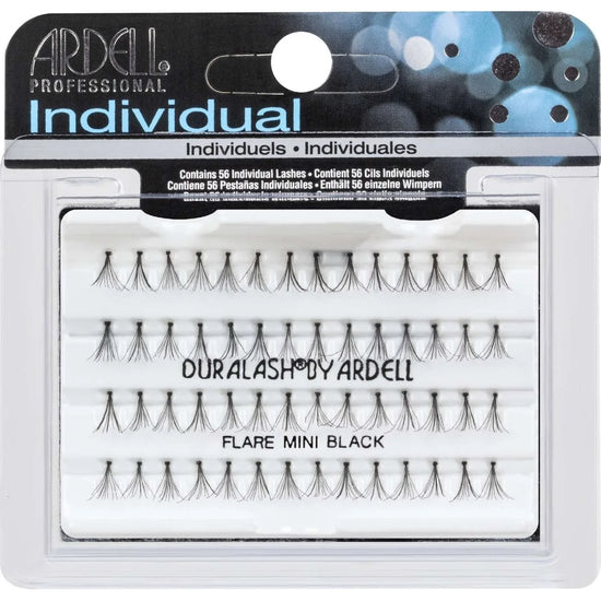 Ardell Duralash Flare Mini Black, individual knotted flare lashes on a display card.