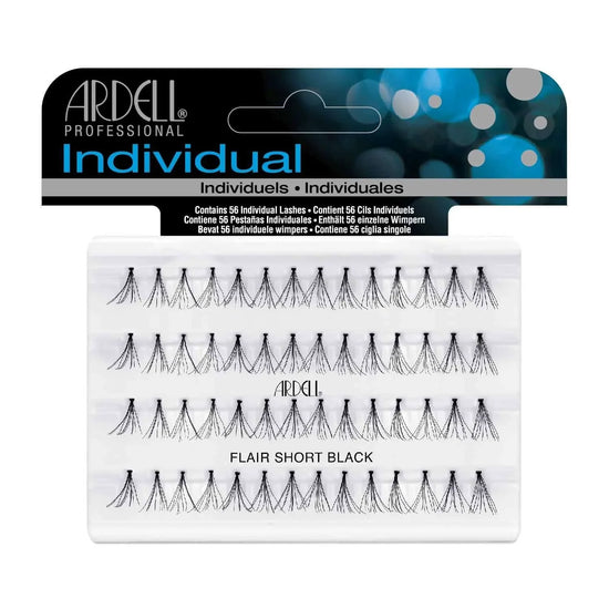 Ardell Duralash Flare Short lashes displayed in a pack containing individual knotted flare lashes.
