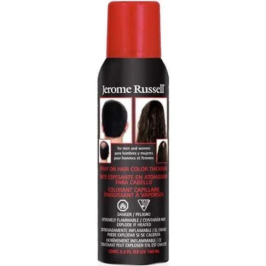 Jerome Russell Hair Color Thickener Jet Black spray bottle with labels, showcasing hair thickening benefits.
