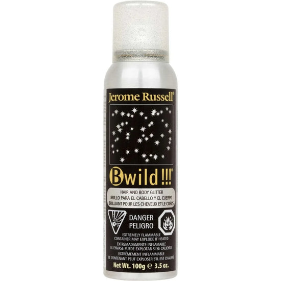 Jerome Russell B Wild Glitter Spray, a versatile glitter spray for hair and skin in a 3.5 oz can.