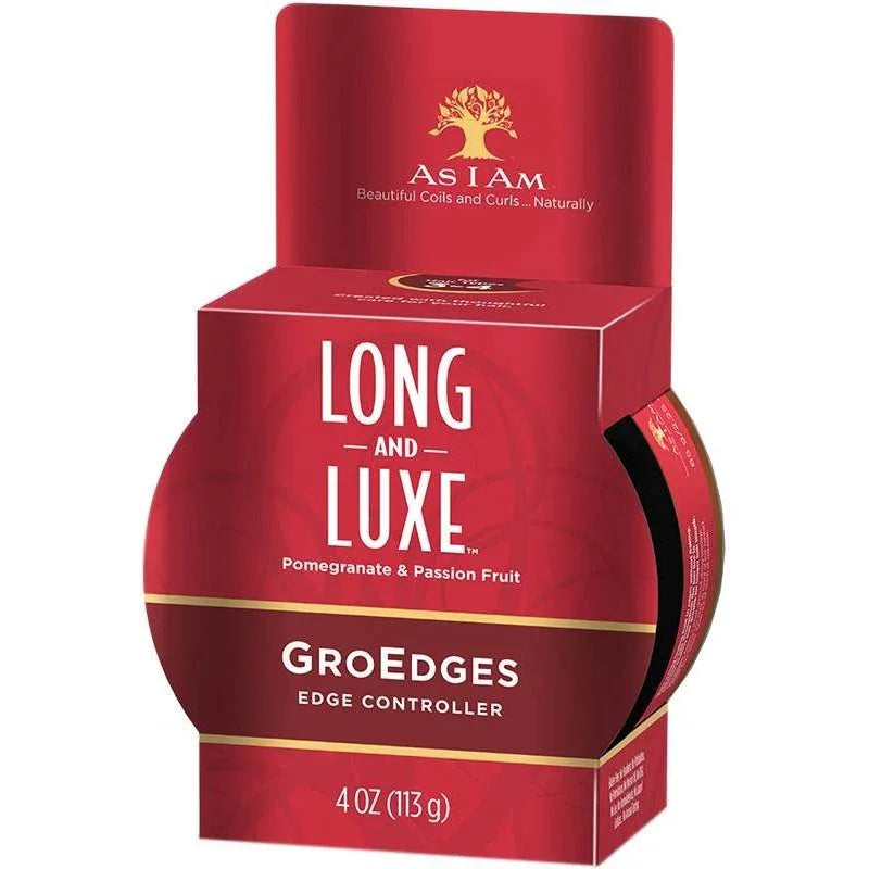 As I Am Groedges hair edge control edge controller packaging with pomegranate and passion fruit scent.