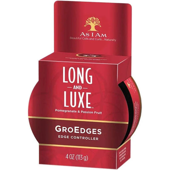 As I Am Groedges hair edge control edge controller packaging with pomegranate and passion fruit scent.