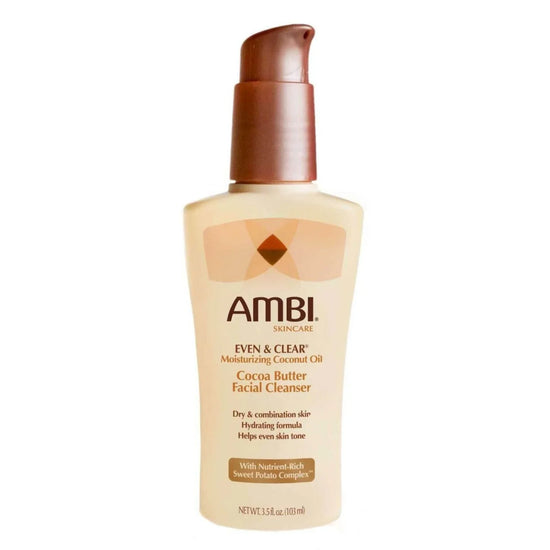 Ambi Even & Clear Moisturizing Coconut Oil Cocoa Butter Facial Cleanser for dry and combination skin in a pump bottle.