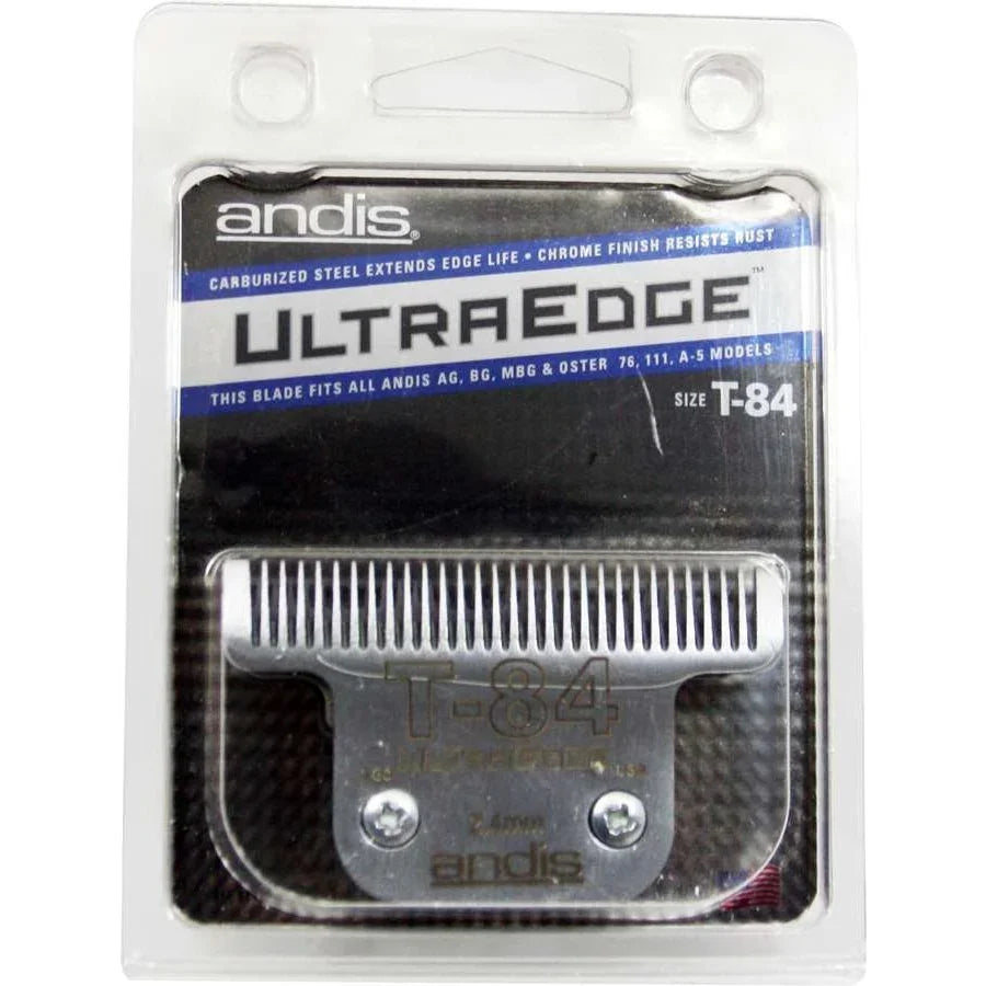 Andis Ultraedge T-84 blade packaging showcasing its carbonized steel and chrome finish.