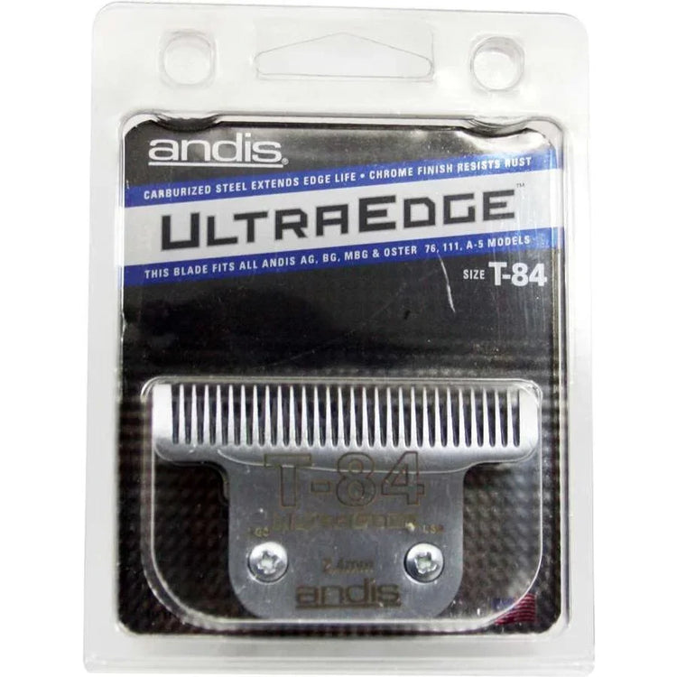 Andis Ultraedge T-84 blade packaging showcasing its carbonized steel and chrome finish.