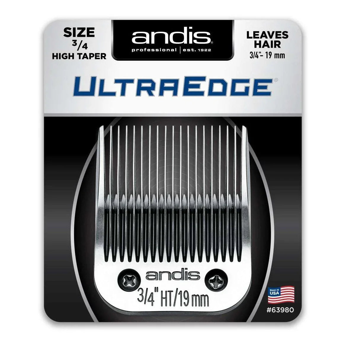 Andis Ultraedge Blade 34 HT showing high taper design for precise cutting and chrome finish.
