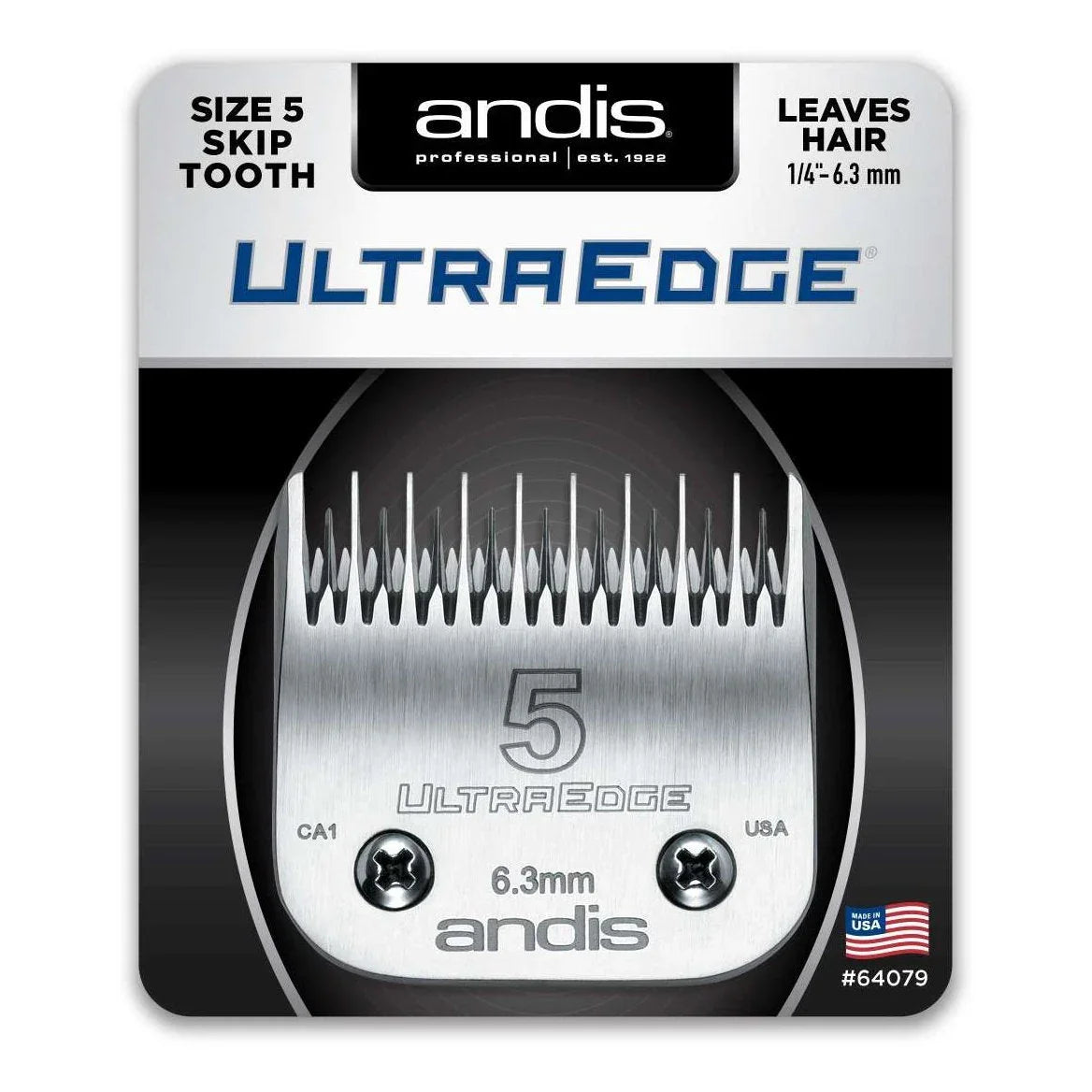 Andis Ultraedge size 5 blade packaging showcasing chrome-plated carbon-edged cutter for precise grooming.