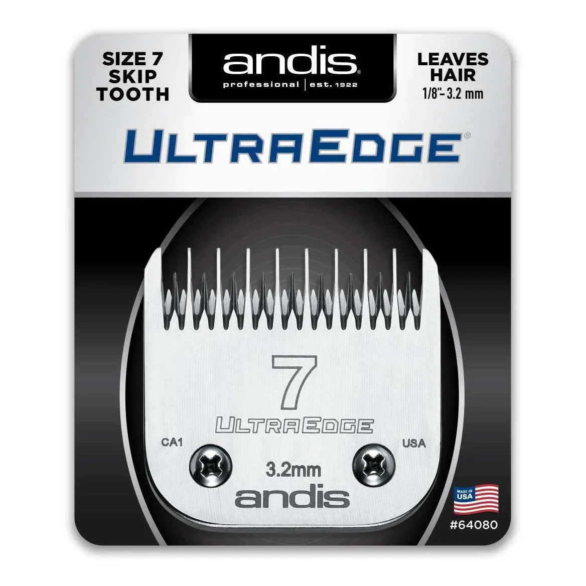 Andis Ultraedge Size 7 blade featuring skip tooth design and 1/8 inch spacing for clippers.