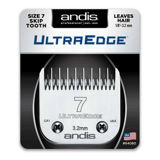 Andis Ultraedge Size 7 blade featuring skip tooth design and 1/8 inch spacing for clippers.