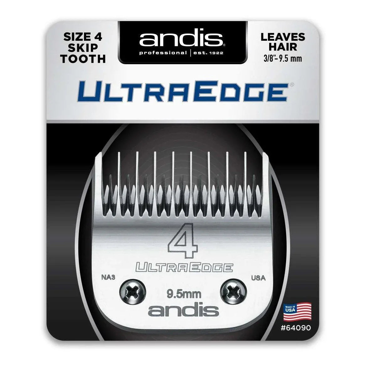 Andis Ultraedge Blade Size 4 Skip Tooth designed for precision cutting and leaves hair at 3/8" length.