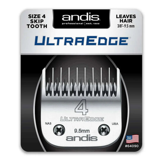 Andis Ultraedge Blade Size 4 Skip Tooth designed for precision cutting and leaves hair at 3/8" length.