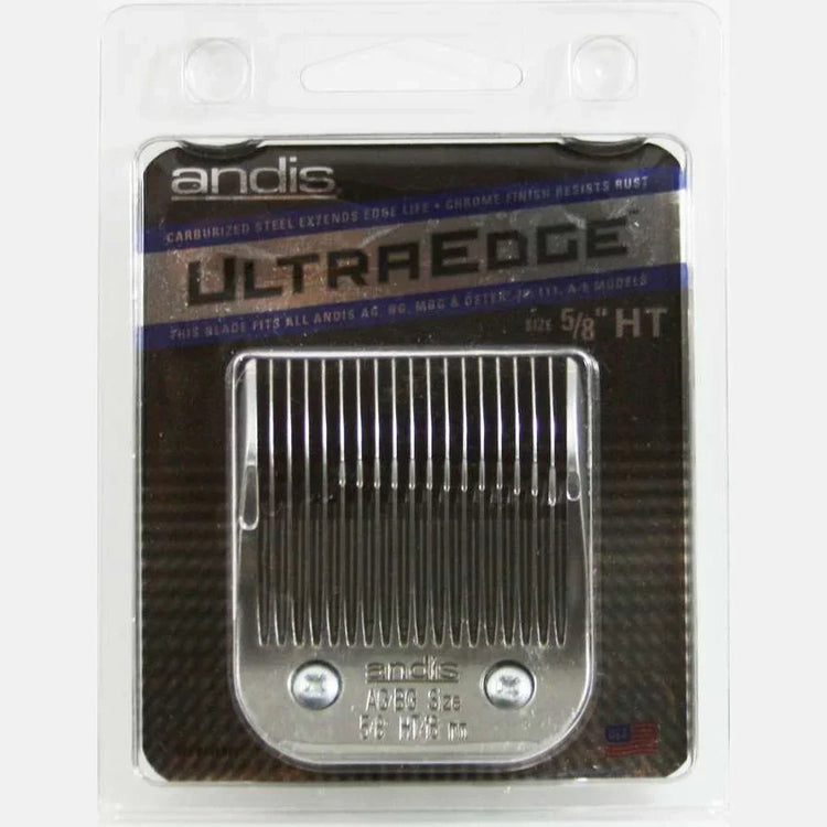 Andis Ultraedge clipper blade size 58 in packaging, made of carbon-infused steel for sharp cutting.