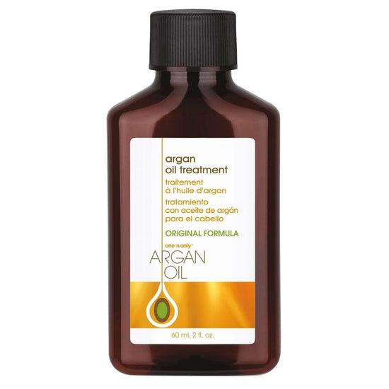 Argan oil treatment bottle with ribbed black cap and amber liquid, 60 ml