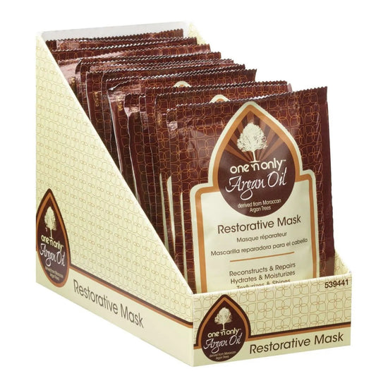 Argan Oil restorative hair mask packets, beige/brown printed sachets in a display pack.
