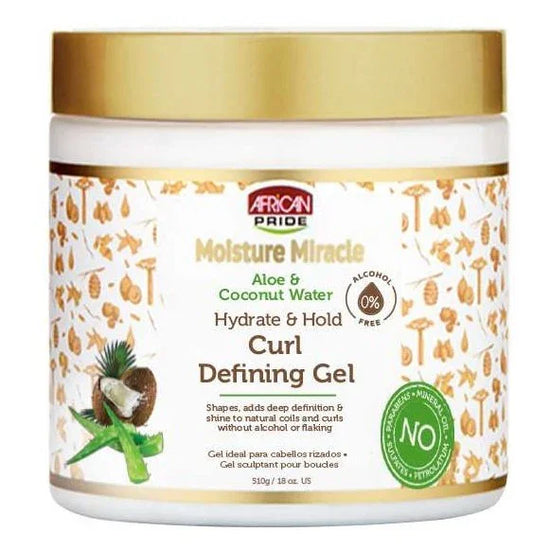 African Pride Moisture Miracle Hydrate Hold Curl Defining Gel with shea butter for defined, shiny curls.