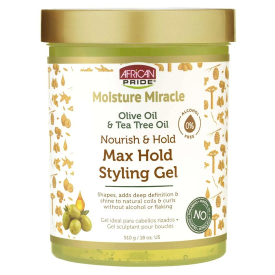 African Pride Moisture Miracle Olive Oil Tea Tree Oil Max Hold Styling Gel, an alcohol-free styling gel for coils and curls.