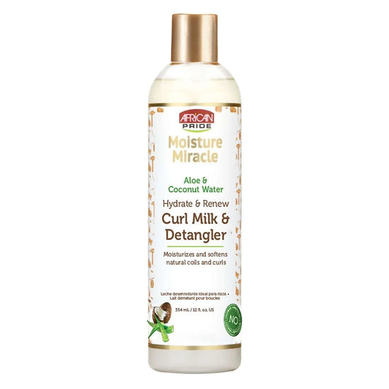 African Pride Moisture Miracle Hydrate Renew Curl Milk Detangler for hydrating and softening natural curls and coils.
