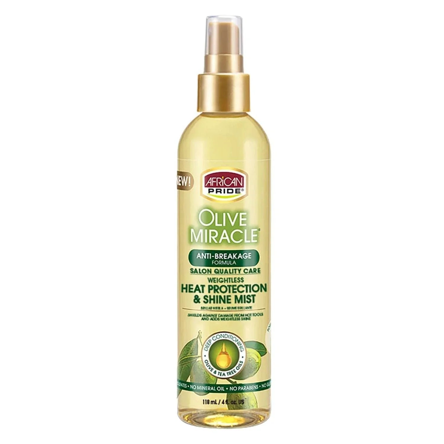 African Pride Olive Miracle Weightless Heat Protection Shine Mist for hair, offering frizz control and thermal damage protection.