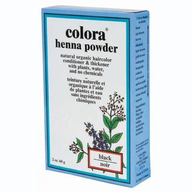 Colora Henna Powder Black, an organic black henna powder for hair conditioning and coloring without chemicals.