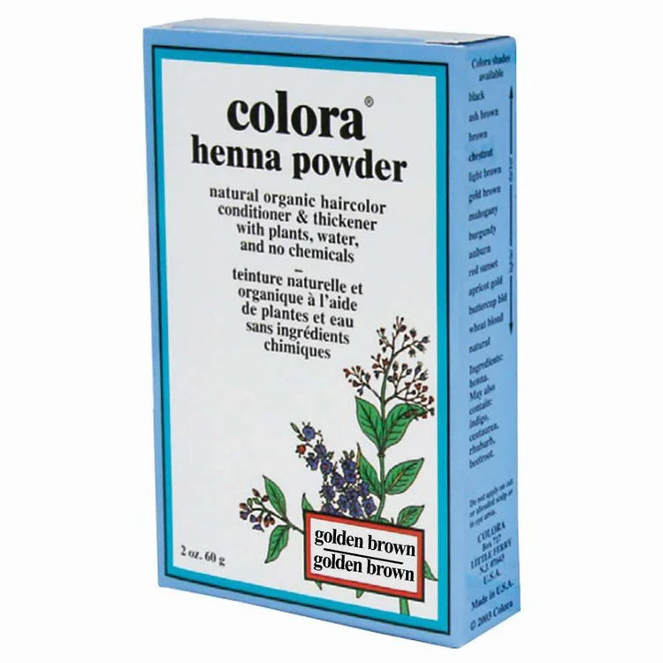Colora Henna Powder Gold Brown packaging, an organic hair color henna powder that nourishes and conditions hair.