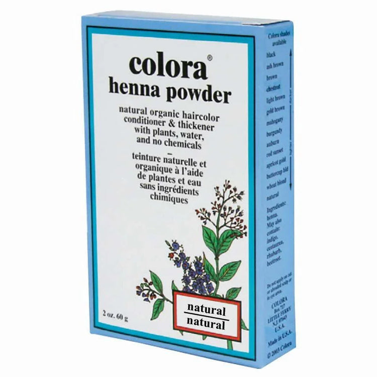 Colora Henna Powder natural packaging, promoting natural henna powder for hair conditioning and thickening.