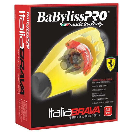 Hair dryer retail box front view with yellow Ferrari-style engine illustration
