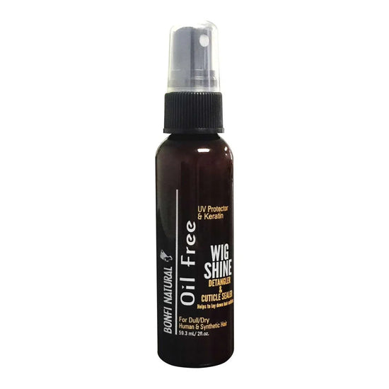 Bonfi Natural Oil Free Wig Shine Detangler and Cuticle Sealer in a spray bottle, ideal for adding shine to hair.