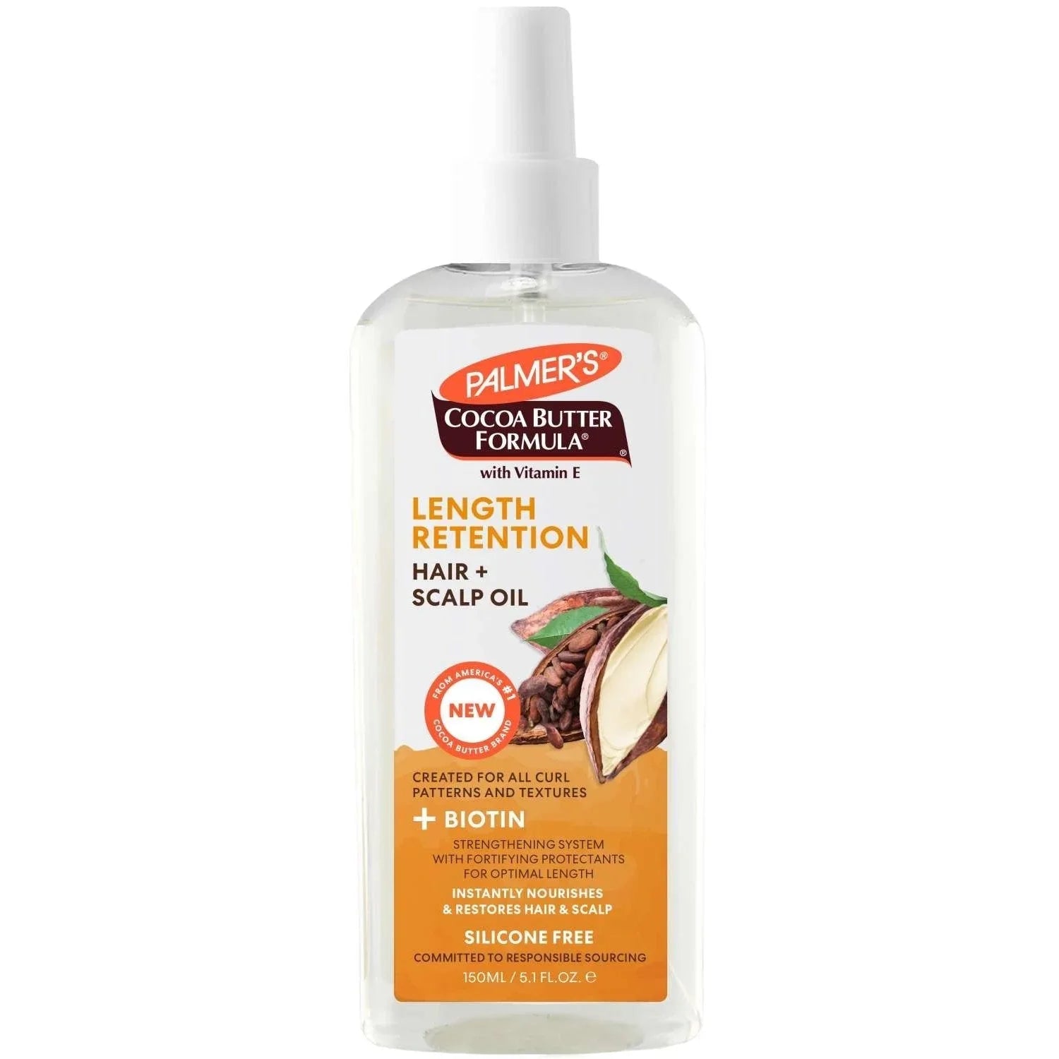 A bottle of Palmers Cocoa Butter Biotin Length Retention Hair Scalp Oil for healthy curls and scalp nourishment.