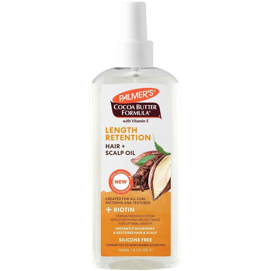 A bottle of Palmers Cocoa Butter Biotin Length Retention Hair Scalp Oil for healthy curls and scalp nourishment.
