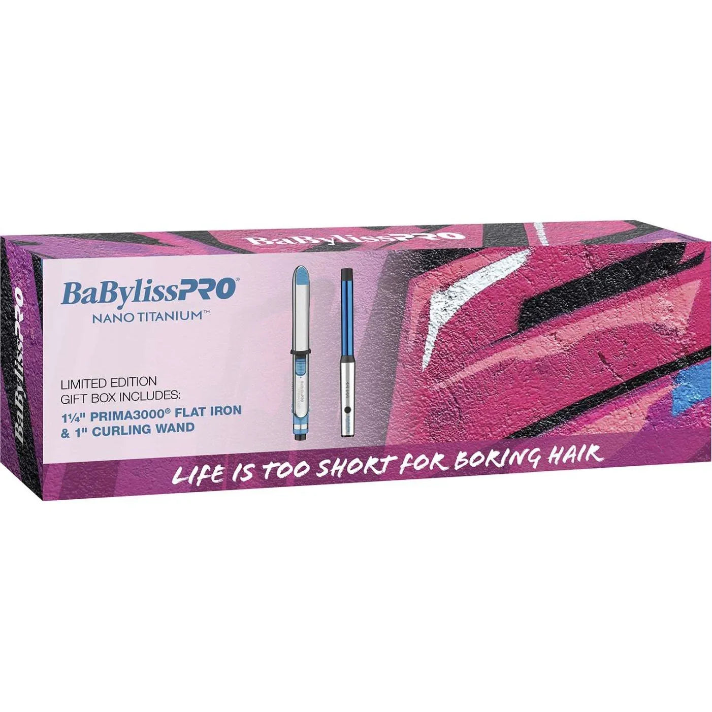 BaByliss limited edition styling gift set featuring 1.25" Prima3000 Flat Iron and 1" Curling Wand in stylish packaging.