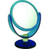 Small round standing mirror in a blue stand, ideal for dressers and providing clear reflections.